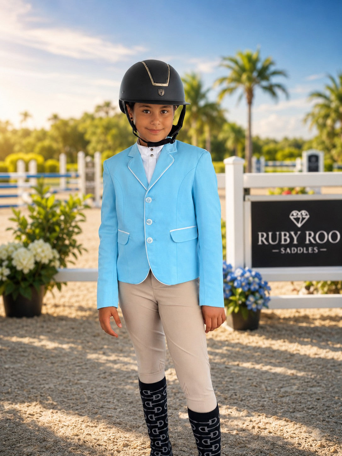 Ruby Roo Essentials Show Jacket - Baby Blue & White - Rhinestone Overlay